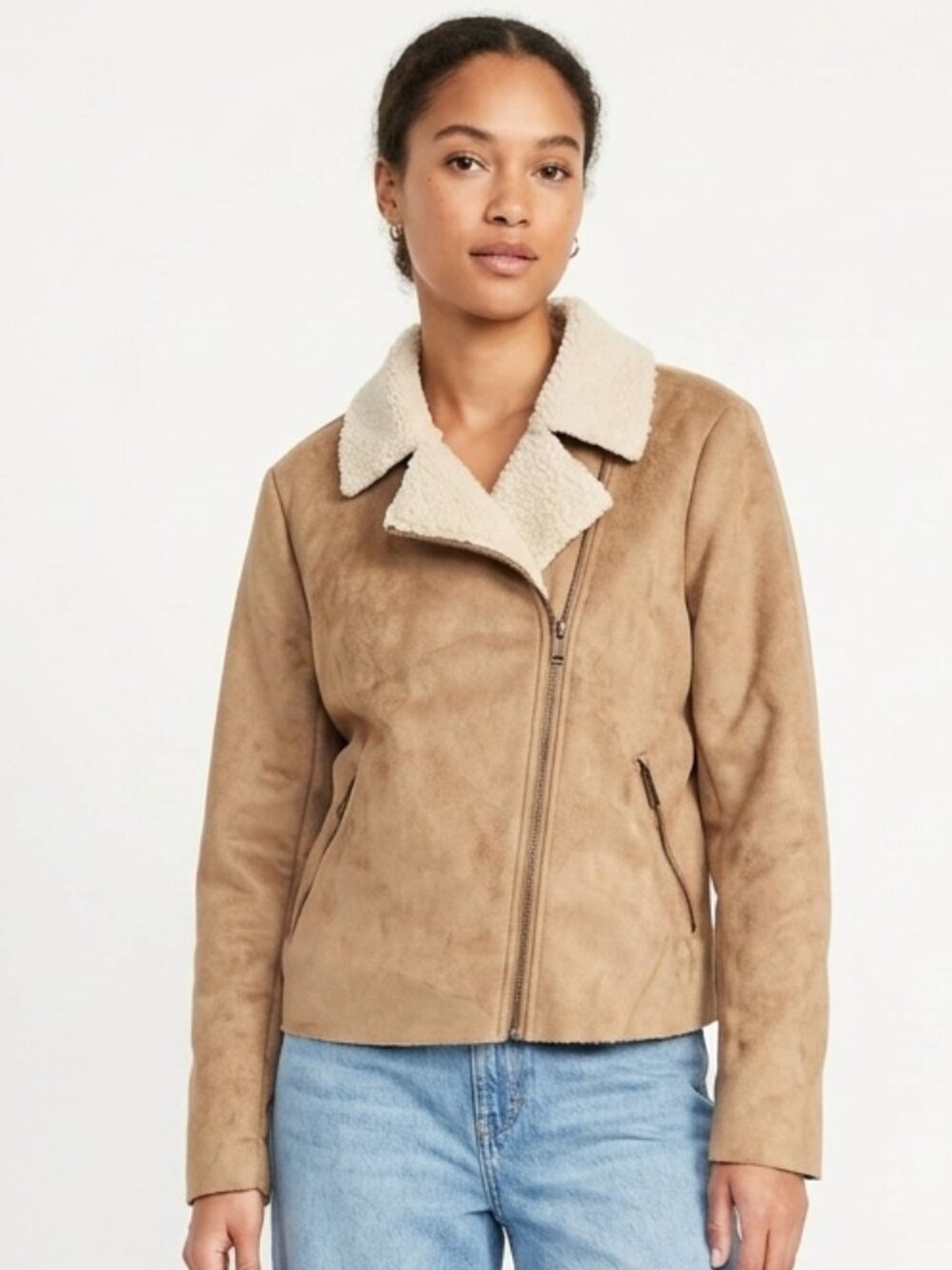 Old Navy Jacket Womens Brown Faux Suede Sherpa Moto Bomber XL